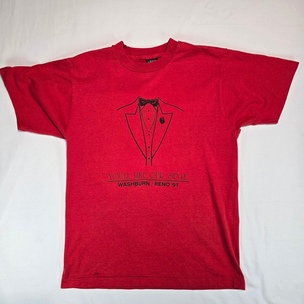 Vintage 1991 Screen Stars Best Tuxedo T-Shirt Red Washburn Reno 91 Graphic L